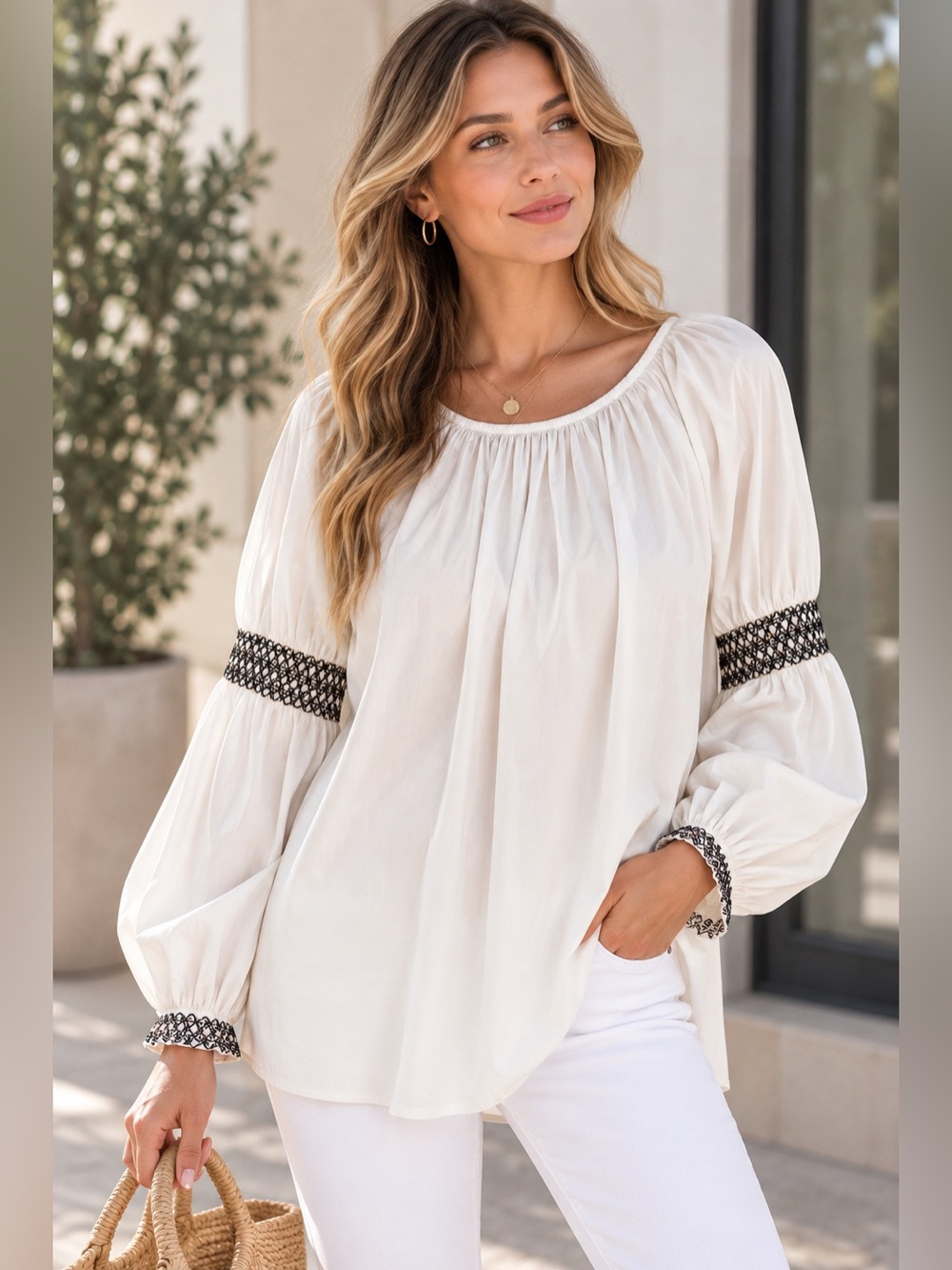 Elizabeth and James Ivory Smocked Balloon Sleeve Blouse Size M Boho